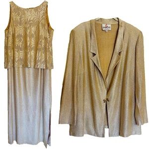 Vintage EN FRANCAIS by HUEY WALTZER Gold Dress & Blazer Jacket Size 24 Elegant